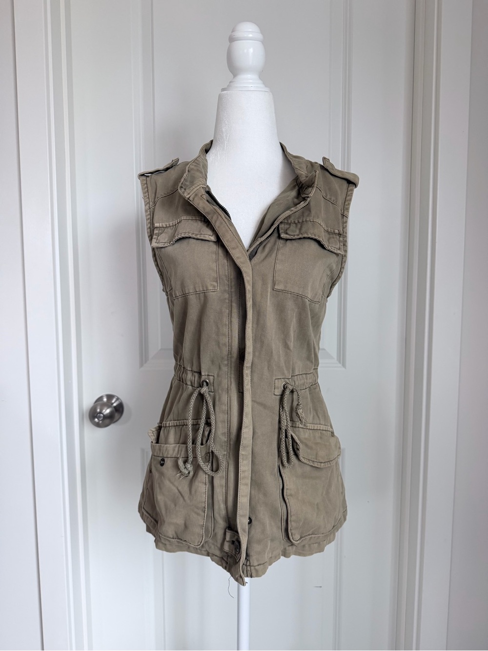 British Khaki Fitted Drawstring Utility Jacket Vest  - Indie Sleaze Y2K